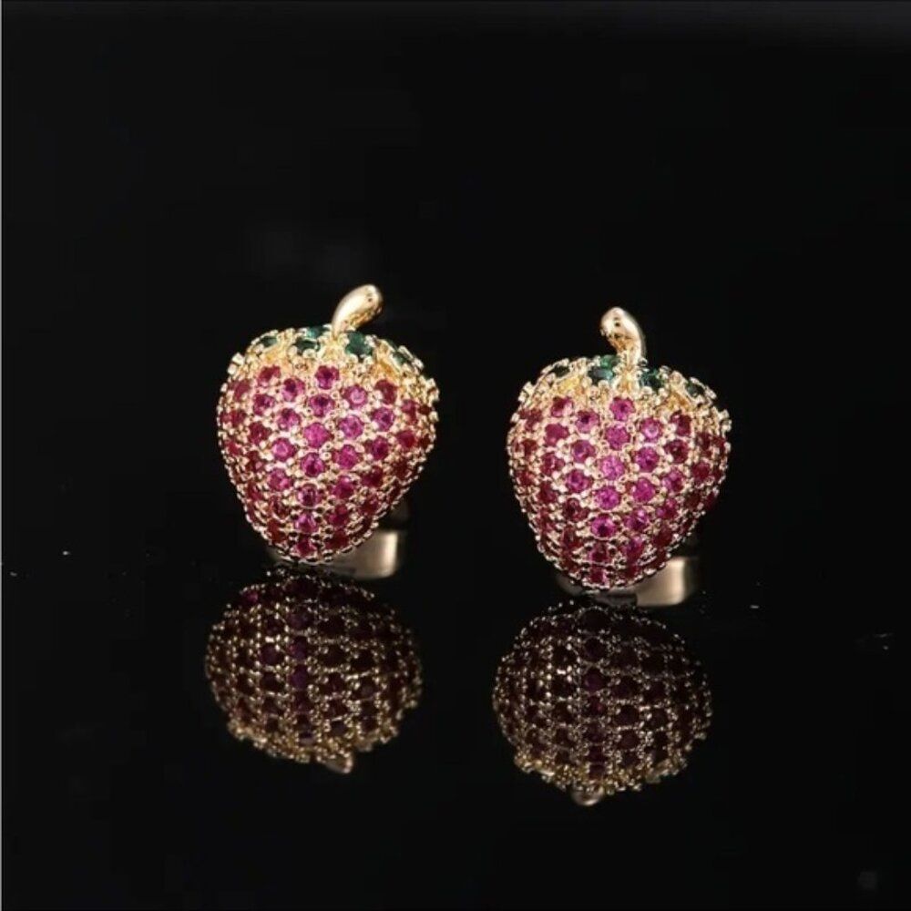 Gold and Pink Strawberry Rhinestone  Stud Earrings